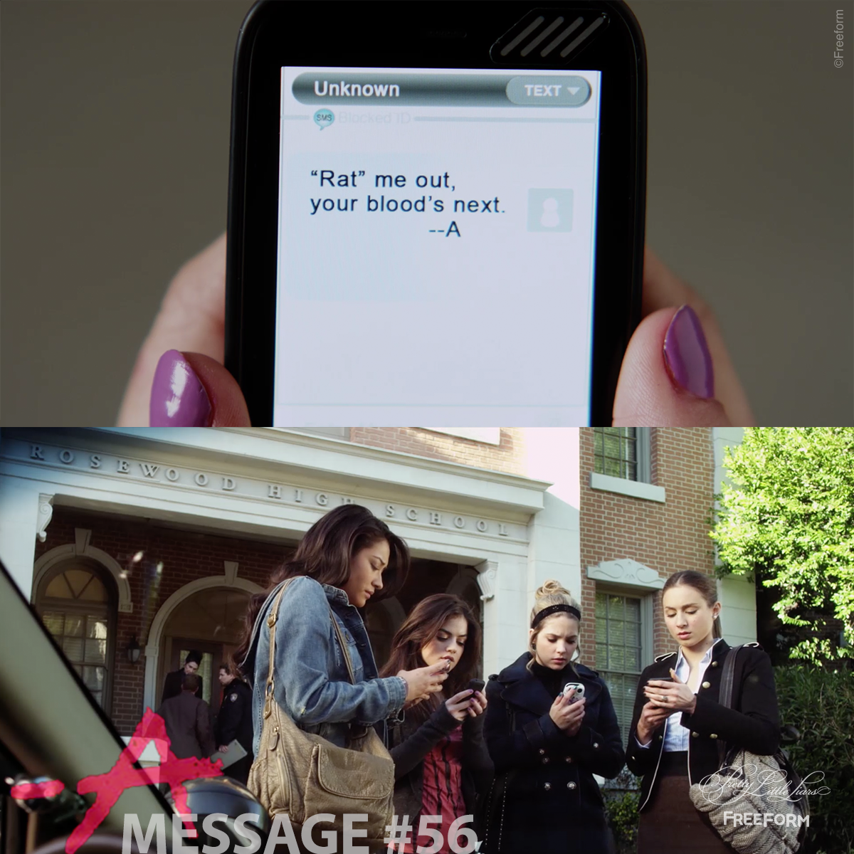 Pretty Little Liars Message 56 From A Sent To The 4 Liars Outside Of Rosewood High 18 Of 150 Season 1 Episode 18 Prettylittleliars Pllmemorylane T Co Bjkmjtlcdr
