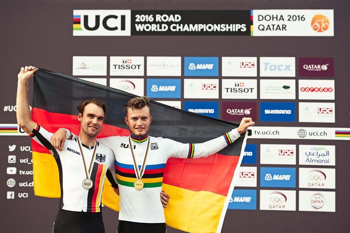 Flashback to Marco Mathis of Germany (right) winning the U23 Men's Time Trial. #UCIDoha2016
© UCIDoha2016 / Pauline Ballet #Qatar
