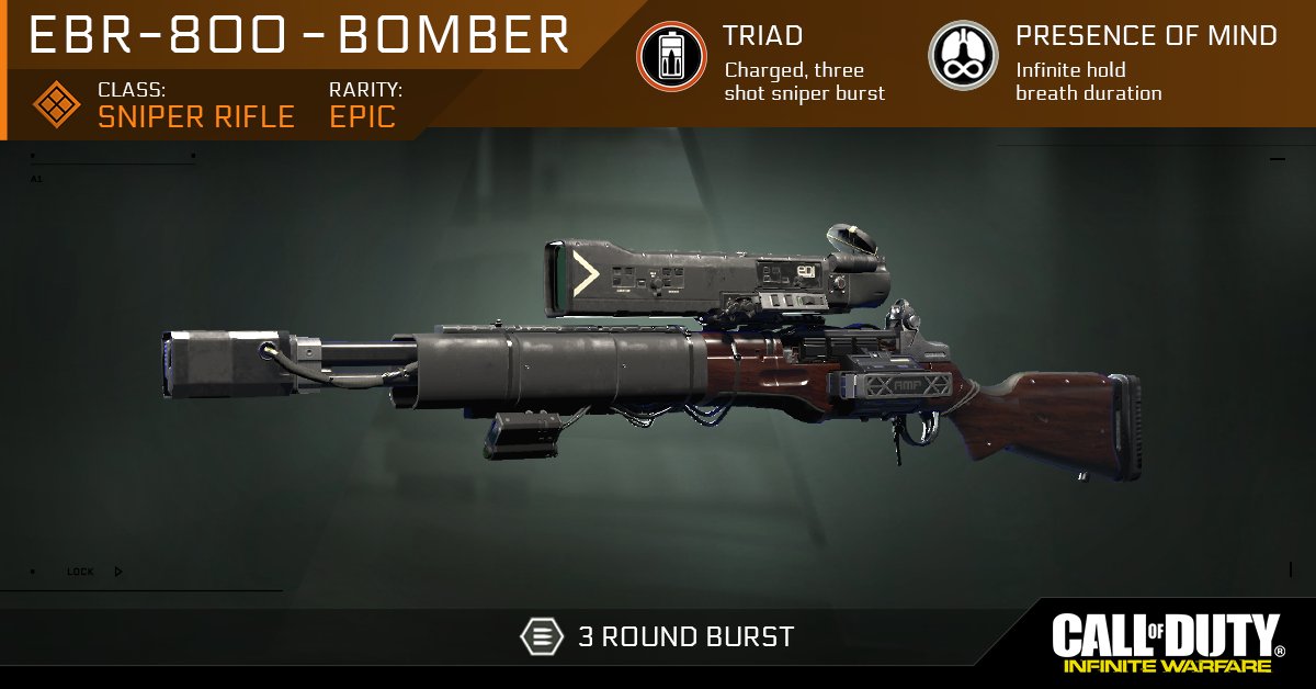 Call Of Duty Anz The New Epic Ebr 800 Bomber Sniper Rifle Fires A Strong Three Shot Burst When Charged Now Available At The Quartermaster Infinitewarfare T Co Bwuwx0na2e