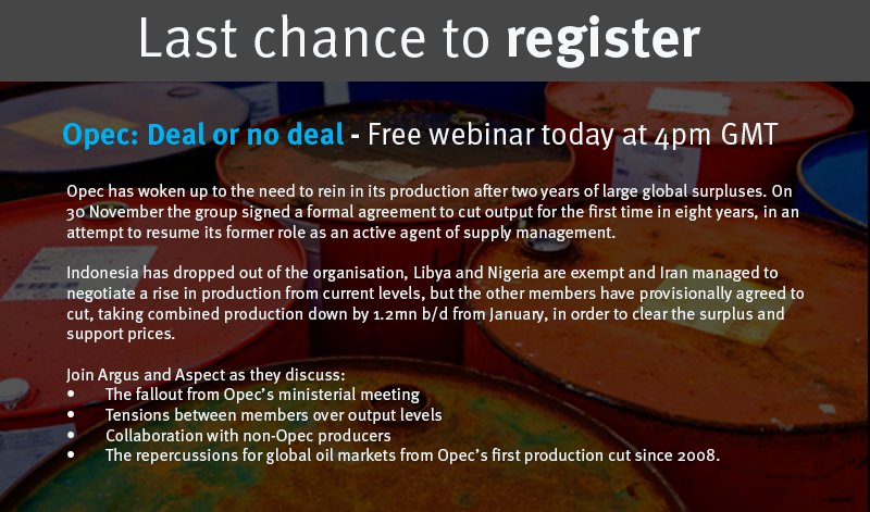 ArgusMedia's tweet photo. Make sure you register for our free webinar today focusing on #opec, with @AspectEntSol @ 4pm GMT https://t.co/9jlS1xYAno #oil https://t.co/tyRMbjrfZl