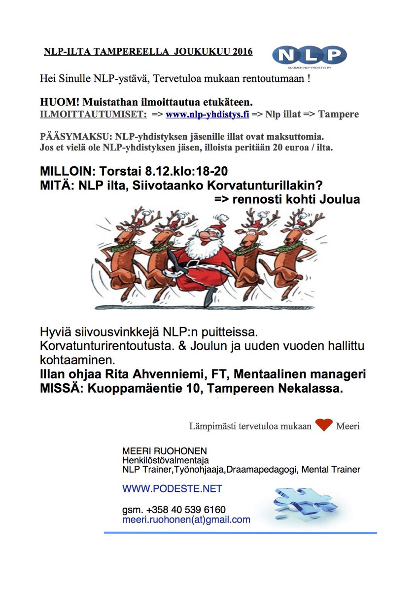 PODESTEcoaching's tweet photo. Tervetuloa mukaan Tampereen NLP iltaan! "Siivotaanko Korvatunturilla?"  Torstaina 8.12.klo:18-20 
Jouluisin terkuin <3  Meeri https://t.co/iFqr6j30WF