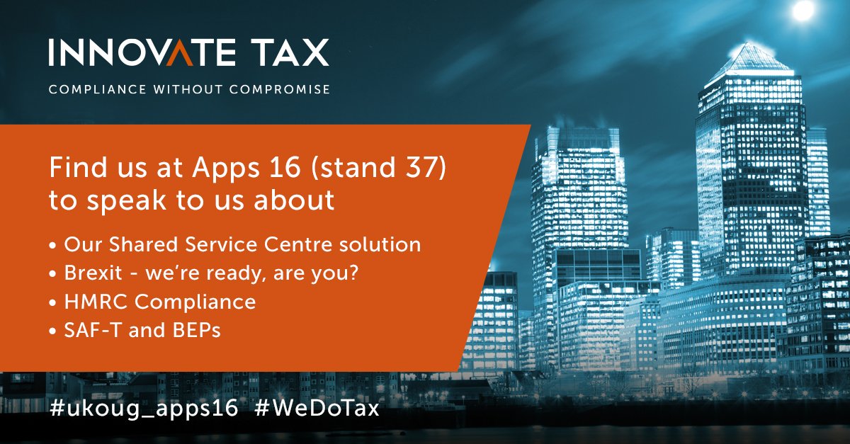 innovatetax's tweet photo. Find us at #ukoug_apps16 on stand 37 to learn about our Shared Service Centre solution & how to be HMRC Compliant #wedotax #oracle #eBTax https://t.co/rYCgqaQDqR