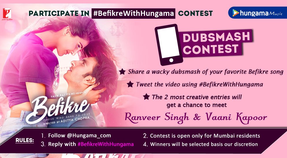 HungamaOTT's tweet photo. #MUMBAI! Send us your crazy #Dubsmash video on any #befikre song with #BefikreWithHungama &amp; get to meet @RanveerOfficial &amp; @Vaaniofficial https://t.co/0WIIRwyyVA