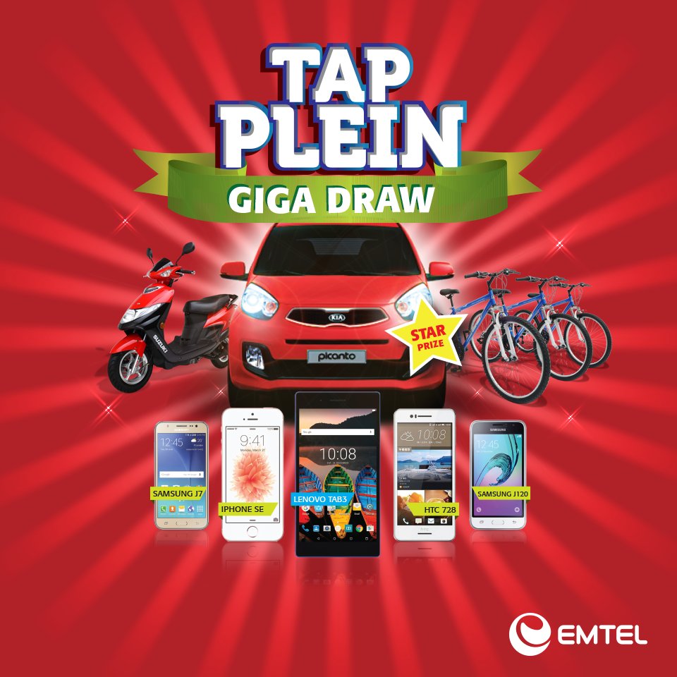 Avec le Emtel Giga Draw, plein de prix sont à gagner chaque semaine durant le mois de décembre ! Cliquez ici bit.ly/2ga2bgF #Emtel