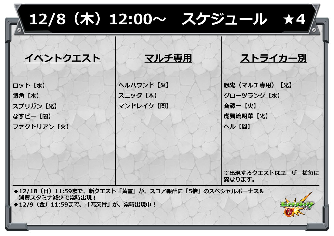 モンスターストライク公式 モンスト 12 8のイベントスケジュール 明日 12 8 12時 正午 から 以下の 4クエストが出現スタート モンスト