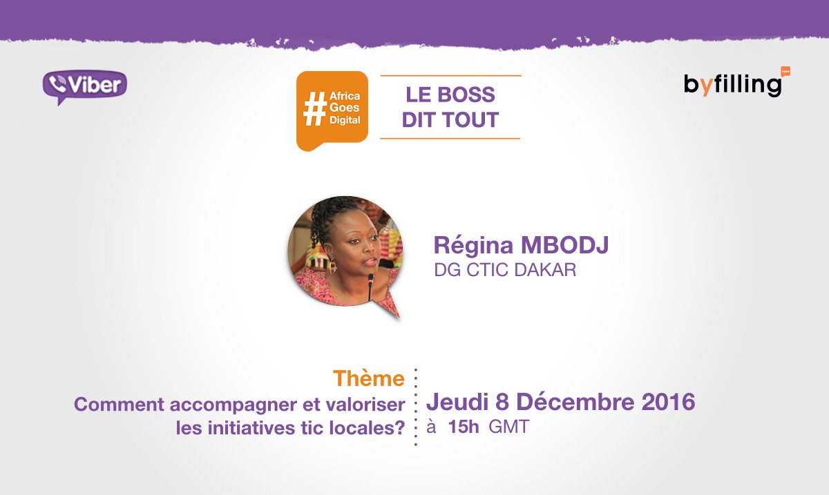 AfricaGoDigital's tweet photo. Ce Jeudi 08 Décembre, retrouvez Regina MBODJ, Directrice du CTIC Dakar à partir de 15H GMT sur Africa Goes Digital. #LBDT #JTF2016 https://t.co/PjlbFqUPhB