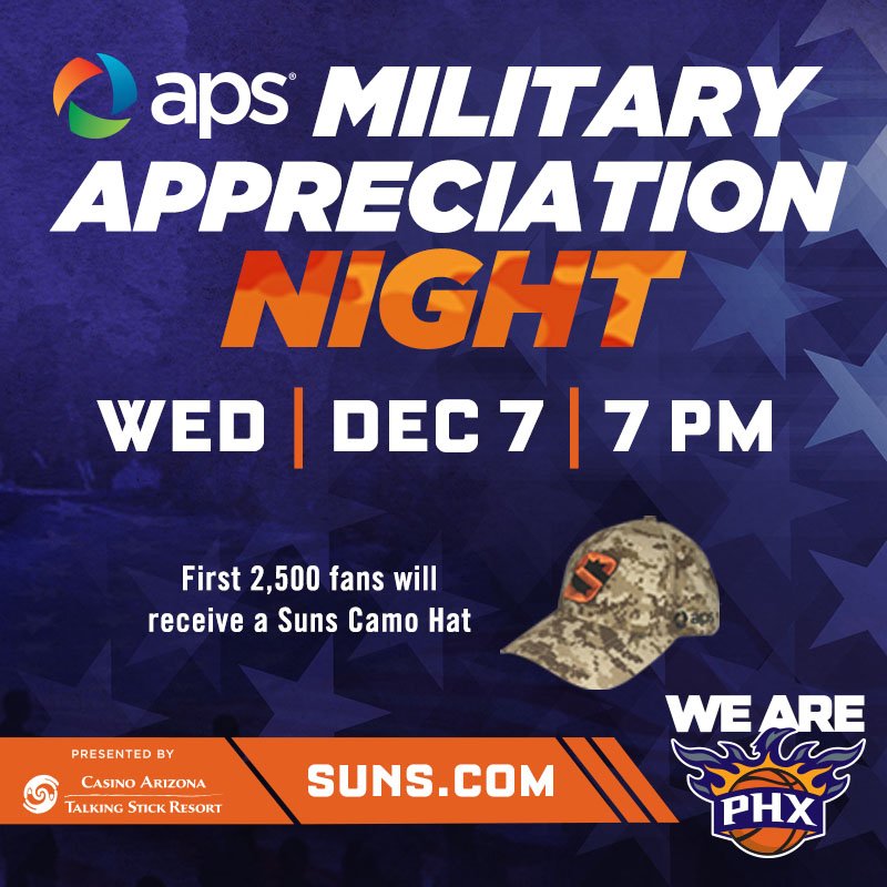 It’s @apsFYI Military Appreciation Night. The first 2,500 fans to arrive tonight will receive a Suns Camo Hat. https://t.co/Bq38OOUQcn