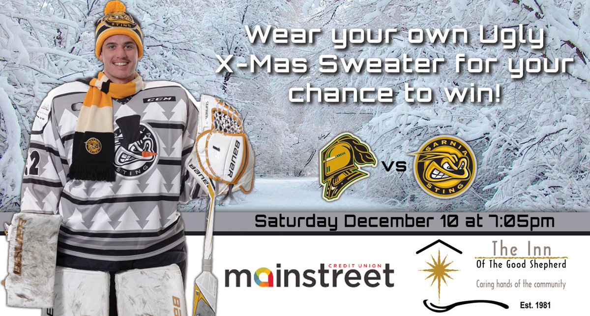 This Saturday night <a href="/StingHockey/">Sarnia Sting</a> and Mainstreet CU Ugly Christmas Sweater Game and Live Auction <a href="/theinnsarnia/">Innofthegoodshepherd</a> see you there!!!!