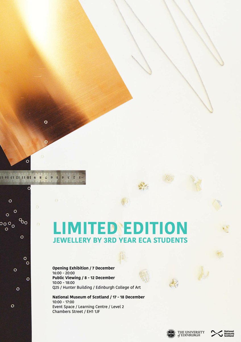 Don't miss the opening of LIMITED EDITION jewellery exhibition by 3rd year ECA students today from 16:00-20:00 in Q25/Hunter Building.