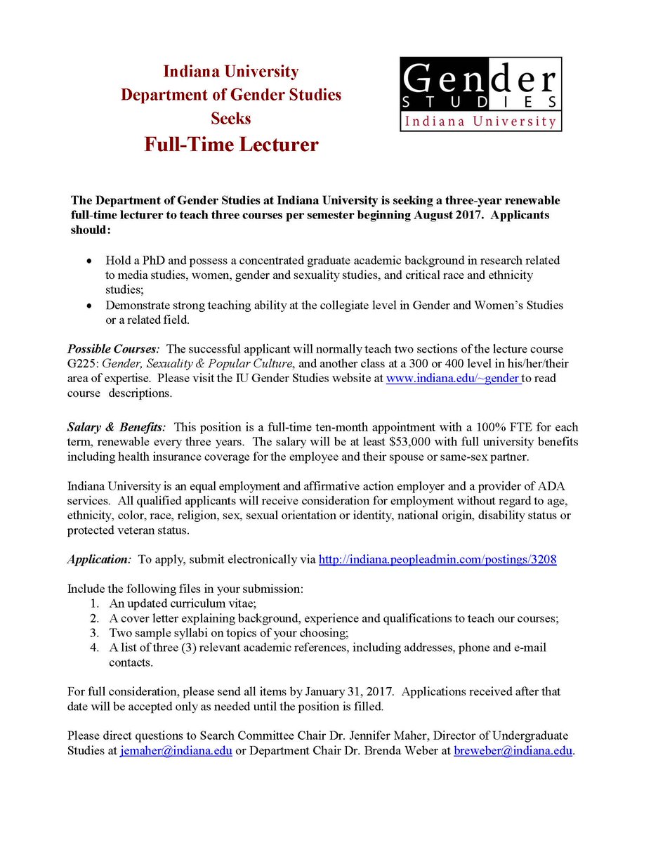 Department Of Gender Studies At Indiana University On Twitter Gender Studies At Iu Is Seeking A Three Year Renewable Full Time Lecturer Beginning August 2017 Further Details In The Attached Listing Https T Co 0heyepil5l