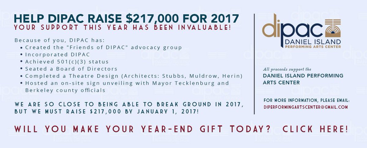 DanielIslandPAC's tweet photo. Help @DanielIslandPAC raise $217,000 by 2017!  Visit https://t.co/45SlYOT2c5 and give today!  #charleston #performingarts https://t.co/j4eQelEwCt