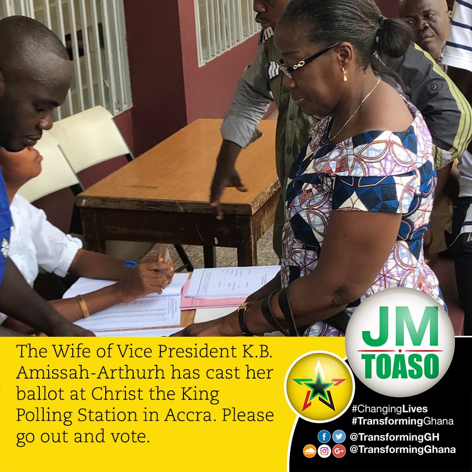 TransformingGh's tweet photo. The Wife of Vice President @KBAmissahArthur has cast her ballot at Christ the King Polling Station in Accra. Please go out and vote.#VoteJM3 https://t.co/Q567daWn3A