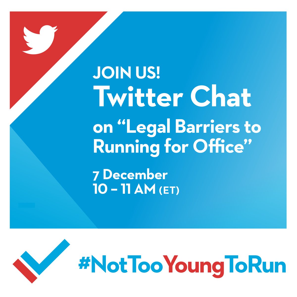 UN's tweet photo. Happening now:

@UNYouthEnvoy Twitter chat on legal barriers to running for office. Join the conversation using #NotTooYoungToRun. https://t.co/Mep6ZoO3TZ