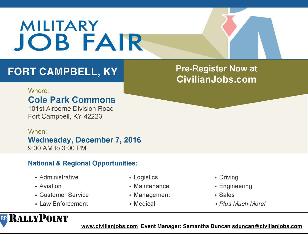 FortCampbell's tweet photo. Join us today, Dec. 7, at Cole Park Commons for a Military Job Fair. #SoldierForLife #SmoothTakeoff @101stAASLTDIV @csaSoldier4Life https://t.co/55ME0KzysL