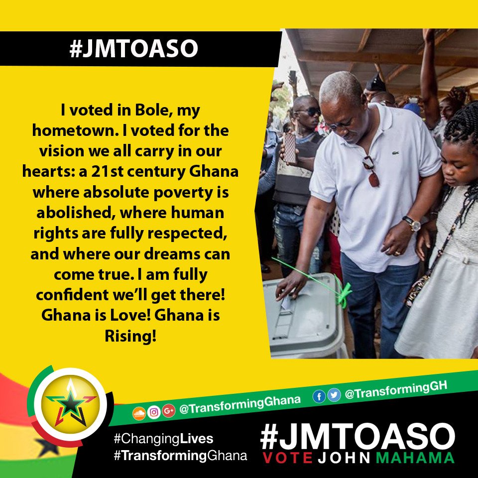 TransformingGh's tweet photo. Powerful message by President @JDMahama as he votes in his hometown!
GO & VOTE for #TransformingGhana & #ChangingLives ! #VoteJM2016 https://t.co/lwRavpuHyE