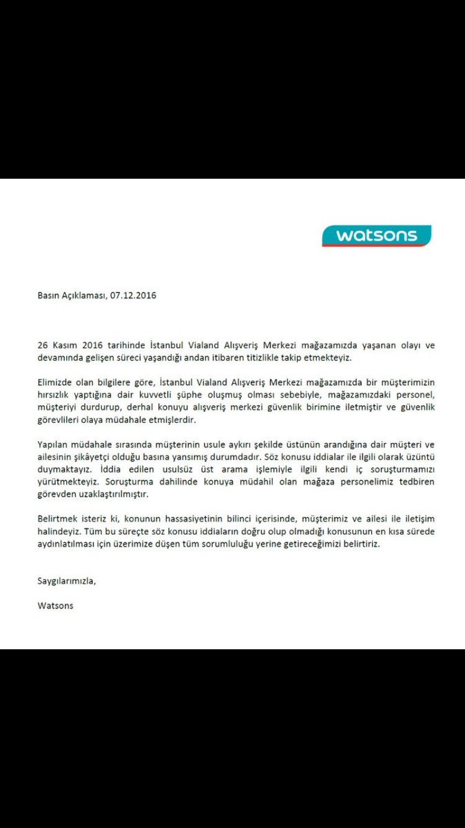 OzbayDemet's tweet photo. Bu aciklamaya gore -ki tacize girer- sadece #Watsons degil #Vialand alisveris merkezinin guvenlik birimi de sorumlu demektir. https://t.co/6k0SoUlJYk