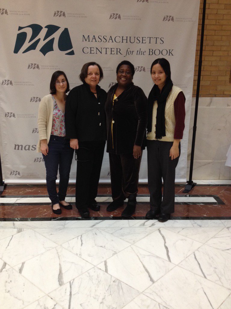 twiteck's tweet photo. #simmonsslis: L to R: Katie, Sharon, Em Claire, Meia@ Mass Book Awards at State House on 12/6/2016. Fun event by MCB https://t.co/bQgaJrPa64