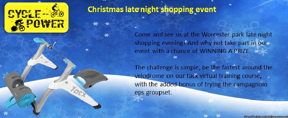 CyclePower77's tweet image. Worcester Park late night shopping this Friday, free prizes to be won @worcesterpark @tacx #trainer #prizes #shopping #Christmas