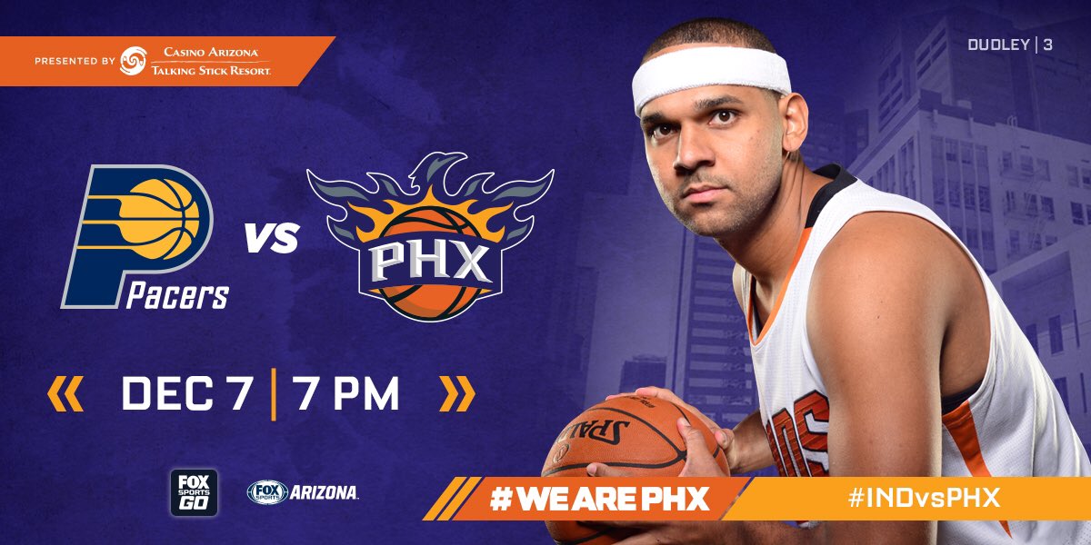 Game day!  🏀@Pacers  ⏰7 pm 📍@TSRarena  📺@FOXSPORTSAZ / FOX Sports Go App 📻@AZSports  📱Suns Mobile App  #WeArePHX https://t.co/kAHbs5eVIY