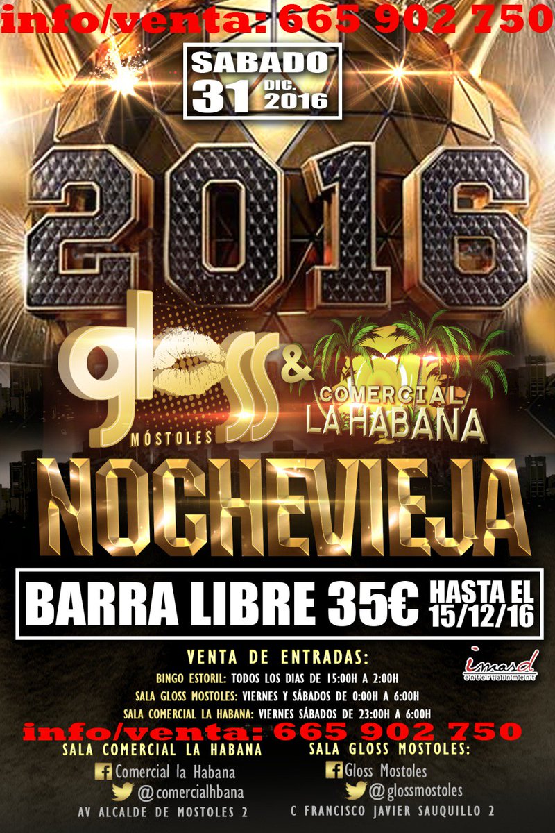 glossmostoles's tweet photo. ⚡ÚLTIMOS DÍAS⚡BARRA LIBRE en #Móstoles por 35€ (hasta el Jueves 15 Dic.)  #NOCHEVIEJA2016  2 #Discotecas 📱📱info/venta: 665 902 750  📱📱 https://t.co/CpDB2YbH6R