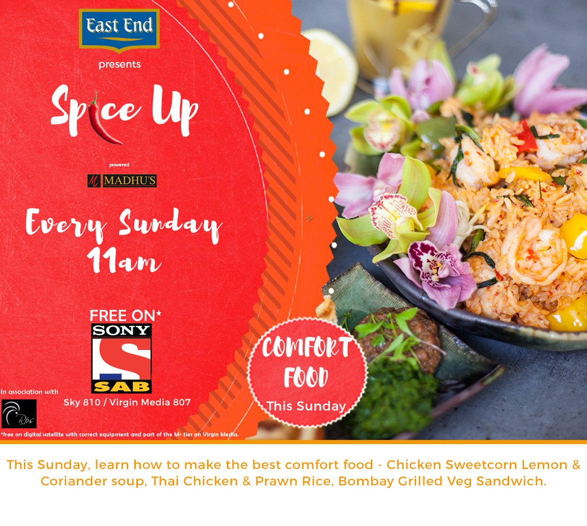 SonyTVUK's tweet photo. On Spice Up this Sunday at 11am #PoonamBall shows you how to make #ThaiChicken and #PrawnRice! Only on SAB TV! #FREEonSky810. https://t.co/UdzU0d3LuI