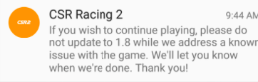RogueWolfe824's tweet photo. News for Android Users playing #csr2 Don't update. #csr2fail @7WorldsGaming @DocrakdesignDoc https://t.co/yvnrpEIUyy