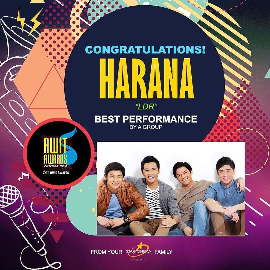 StarCinema's tweet photo. Congratulations Harana for winning the Best Performance by a group at the #28thAwitAwards for 'LDR' https://t.co/mvFjS5uGAd