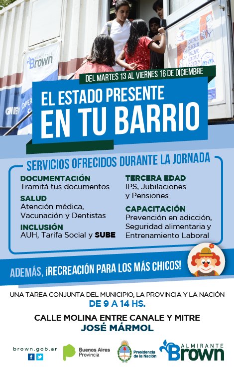 CascallaresPJ's tweet photo. Desde el martes próximo le brindamos servicios a nuestros vecinos de José Mármol con "El Estado Presente en tu Barrio". #SomosBrown https://t.co/EPJhq88Zp6