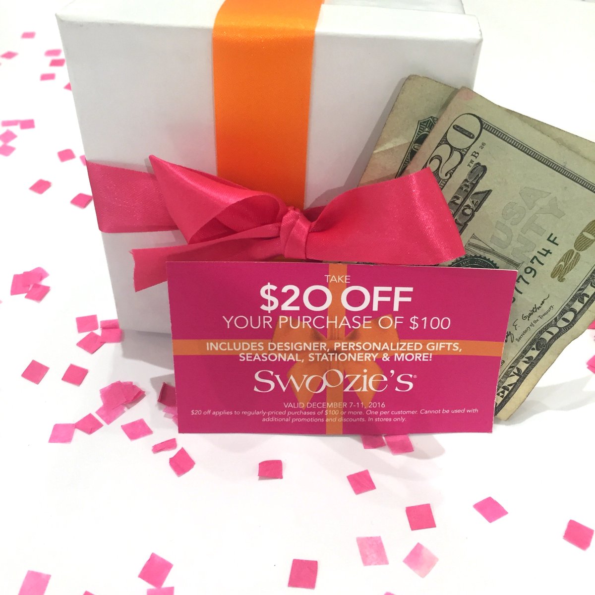 Holidays savings: here's $20! Come shop at your local Swoozie's and spend $100 and we will give you back $20!