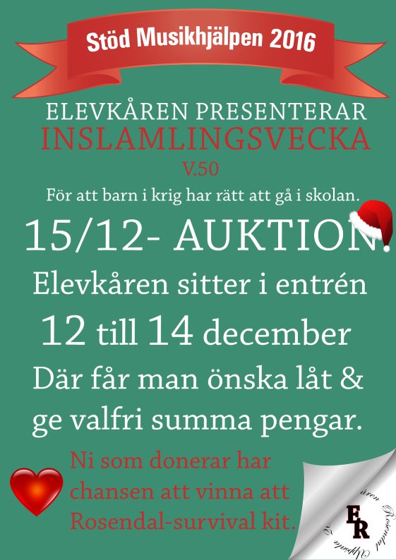ElevkarRosendal's tweet photo. På måndag kör vi igång våran insamlingsvecka. Pengarna som samlas in kommer gå till Musikhjälpen. Tillsammans kan vi göra skillnad!#elevkår https://t.co/F70OaSfHBb