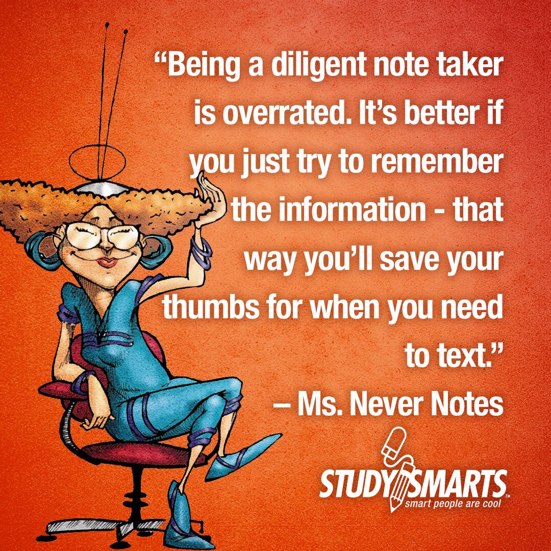 StudySmarts's tweet image. Ms. NeverNotes never tells the truth. See that on the top of her head? It&apos;s called a satelliar. #notetaking #studysmarts