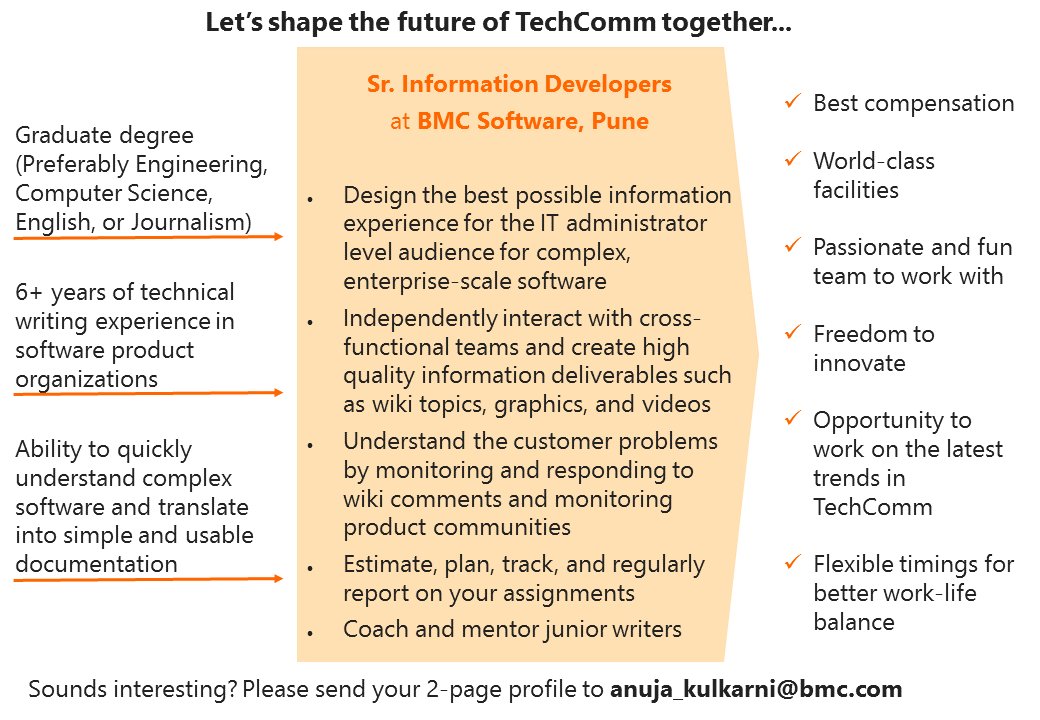 anujakulkarni29's tweet photo. We R hiring! #technicalwriting #informationdeveloper #snagit #framemaker #robohelp #wiki #confluence #pune https://t.co/SqGFHBZS8h