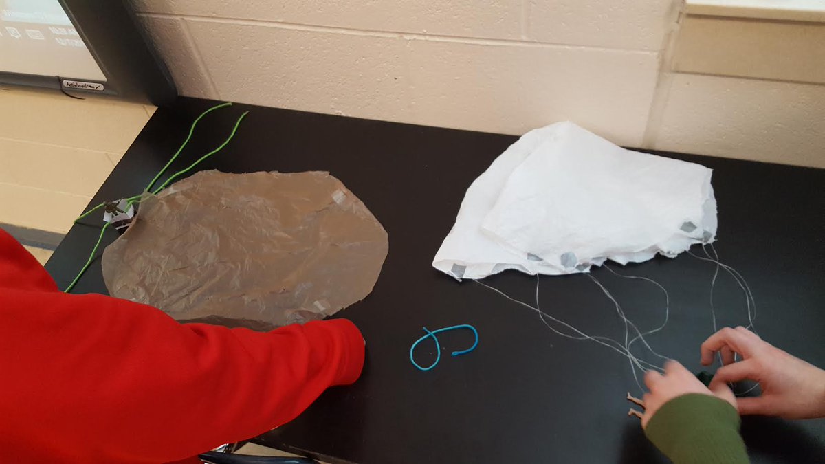 DBlabas's tweet photo. Learning about Air Resistance by designing parachutes in 7th Grade. Stay tuned for the test results! #Simmonslearns #Ridgeland122cares https://t.co/w30AZGXDyF
