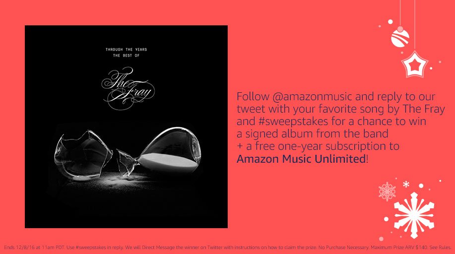 Follow & reply w/ your favorite @TheFray song for a chance to win! Listen: amzn.to/2gCzKJb Rules: amzn.to/2aPxGuE