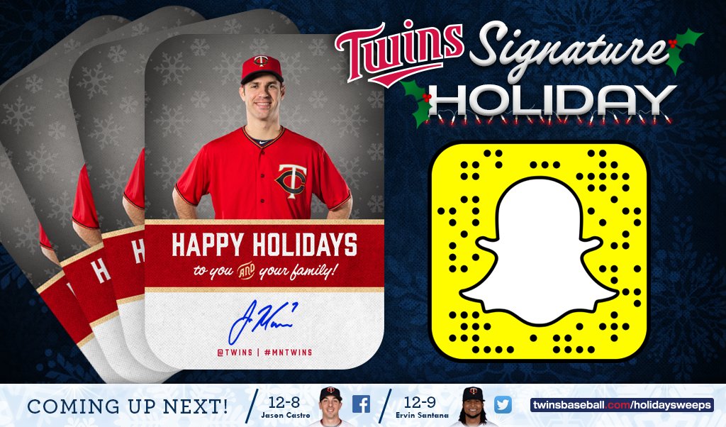 Twins's tweet photo. Check out our Snapchat story (👻: Twins) to see how you can win a holiday card signed by Joe Mauer! #SignatureHoliday https://t.co/7CzeYMtg2z
