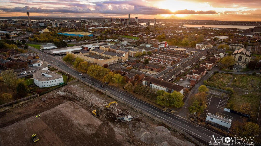 Beautiful sunset over #Liverpool whilst covering the Great Homer Street project with our #dronephotography services