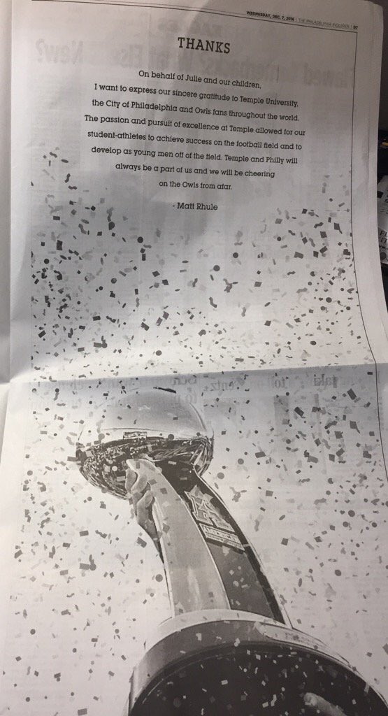 amyfadoolNBCS's tweet photo. .@CoachMattRhule took out a full page ad in today @PhillyInquirer...thanking Temple and the fans of Philadelphia. #PrettyClassy https://t.co/aiH6n27RNs