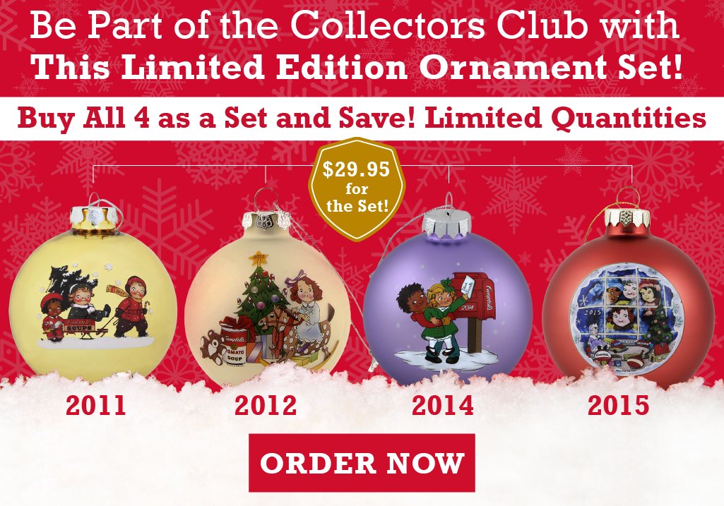 theCampbellShop's tweet photo. Kick off your #Campbell's Holiday collection with this set of 4 previous years' ornaments. Shop Here: https://t.co/ab8yYJ46FI https://t.co/ZY5cQhoozB