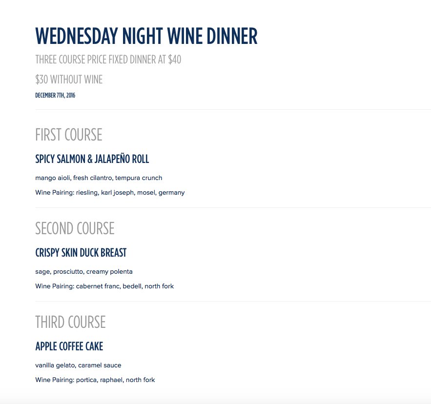 Menu for tonights Wine Dinner! Call 631.361.6464 for reservations! #h2oseafoodsushi