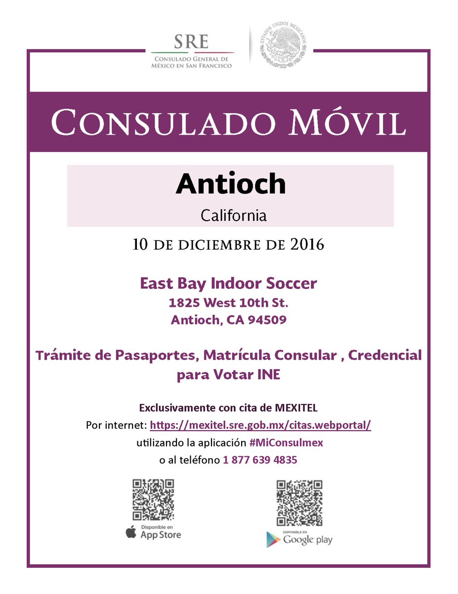 ConsulmexSFO's tweet photo. Consulado Móvil #Antioch 10 de diciembre | Trámite de Pasaportes, Matrículas y Credencial para Votar INE | Citas por MEXITEL @gemijose https://t.co/a5CBYKC2Jq