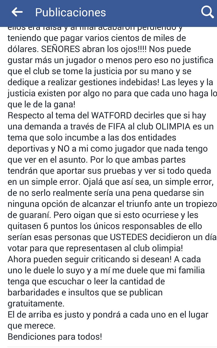 elvinkobs's tweet image. Publicación de Carlos Javier Acuña en su cuenta de Facebook sobre el caso suyo - Olimpia y Watord.