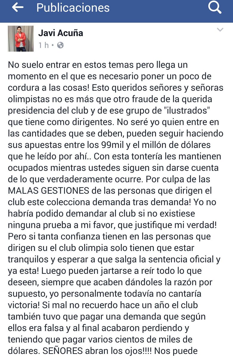 elvinkobs's tweet image. Publicación de Carlos Javier Acuña en su cuenta de Facebook sobre el caso suyo - Olimpia y Watord.