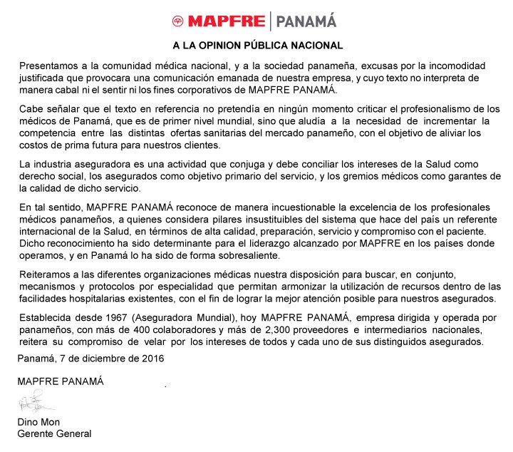 MAPFRE_PA's tweet photo. . @MINSA_Panama Mensaje de MAPFRE PANAMÁ a la opinión pública nacional https://t.co/nLWSLrWXd5