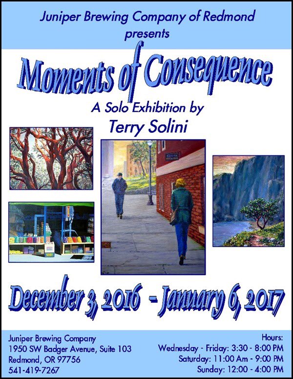 Artist Terry Solini has graced our walls with some fantastic pieces through Jan. 6th!  Reception on Sunday, 12/11 from 1-4pm.
