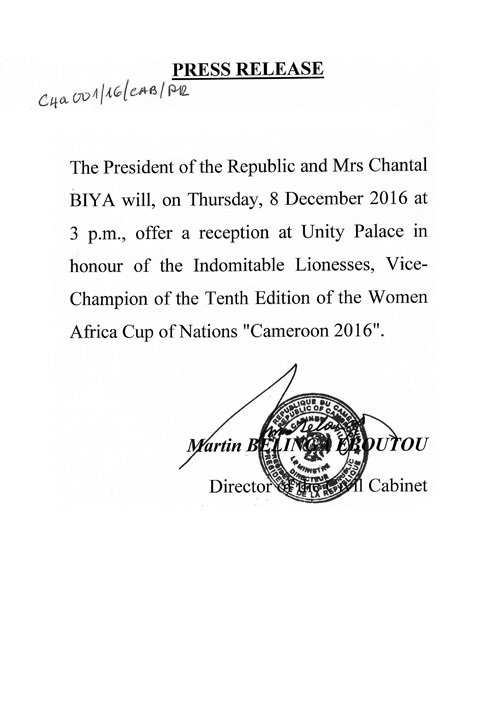 PR_Paul_BIYA's tweet image. My wife and I offer a reception in honor of the Indomitable Lionesses December 8th: ow.ly/QnZT306UZMz 
#AWCON2016 #CanFeminine2016