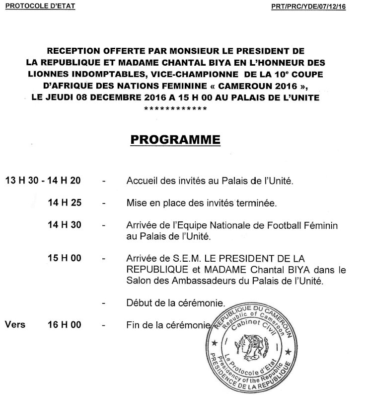PR_Paul_BIYA's tweet image. Programme de la réception en l'honneur des Lionnes Indomptables ow.ly/AdfT306V12l
#AWCON2016 #CanFeminine2016 #CANFEM2016 #Cameroun
