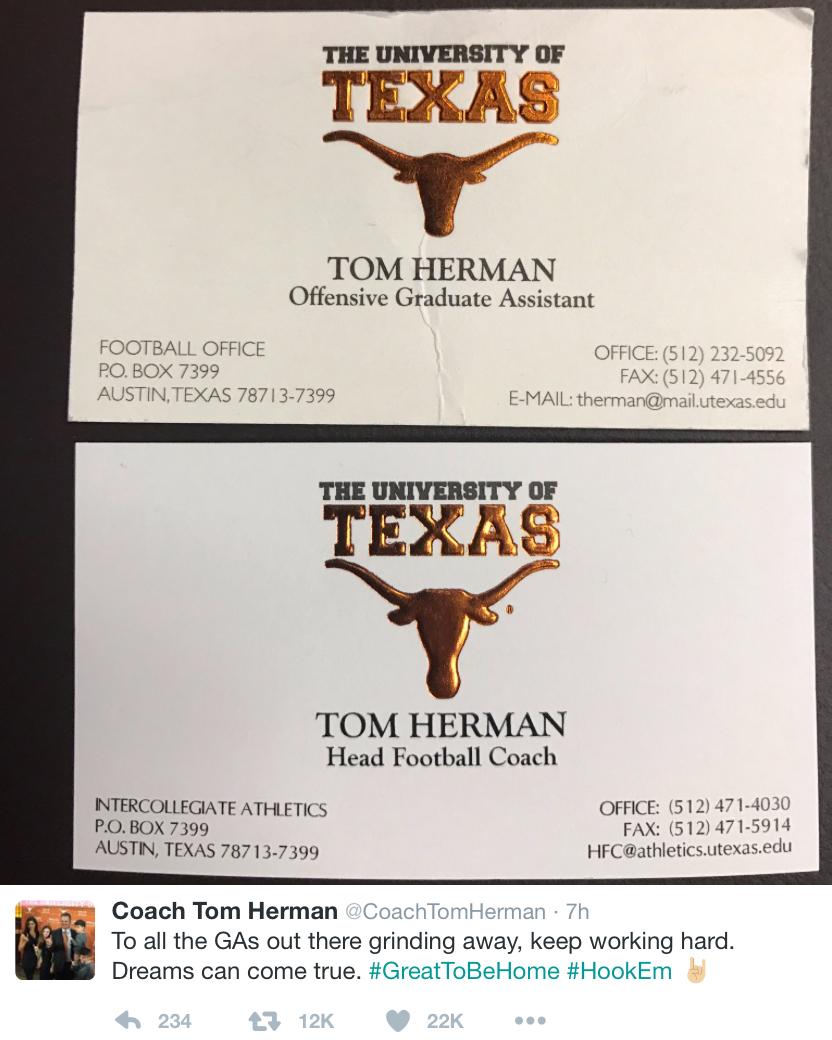 SportsCenter's tweet photo. Tom Herman with the message that hard work pays off. (via @CoachTomHerman) https://t.co/wIEor6CrHQ