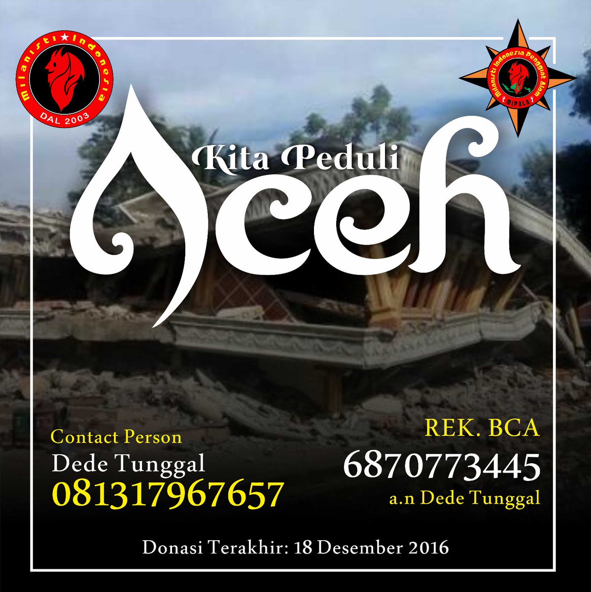 MIPALA_'s tweet photo. Selamat pagi sahabat #MIPALA .. Salam kemanusiaan!! Yuk bantu saudara kita yg tertimpa bencana di aceh, info cek flyer ya.. https://t.co/cT2cEVEgc5