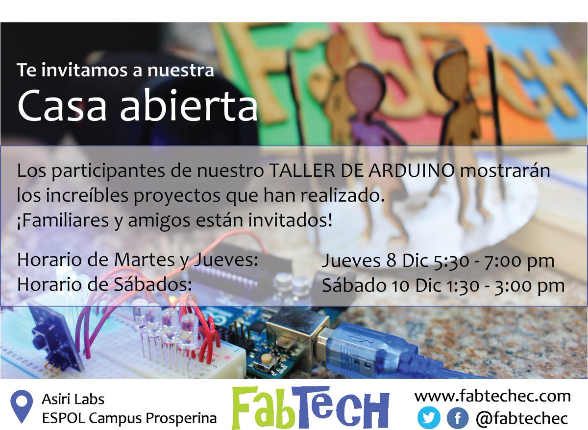 FabTechEC's tweet image. Mañana tendremos #caasaabierta Nuestros chicos presentarán los proyectos y lo que han aprendido en nuestro #tallerArduino Todos invitados!