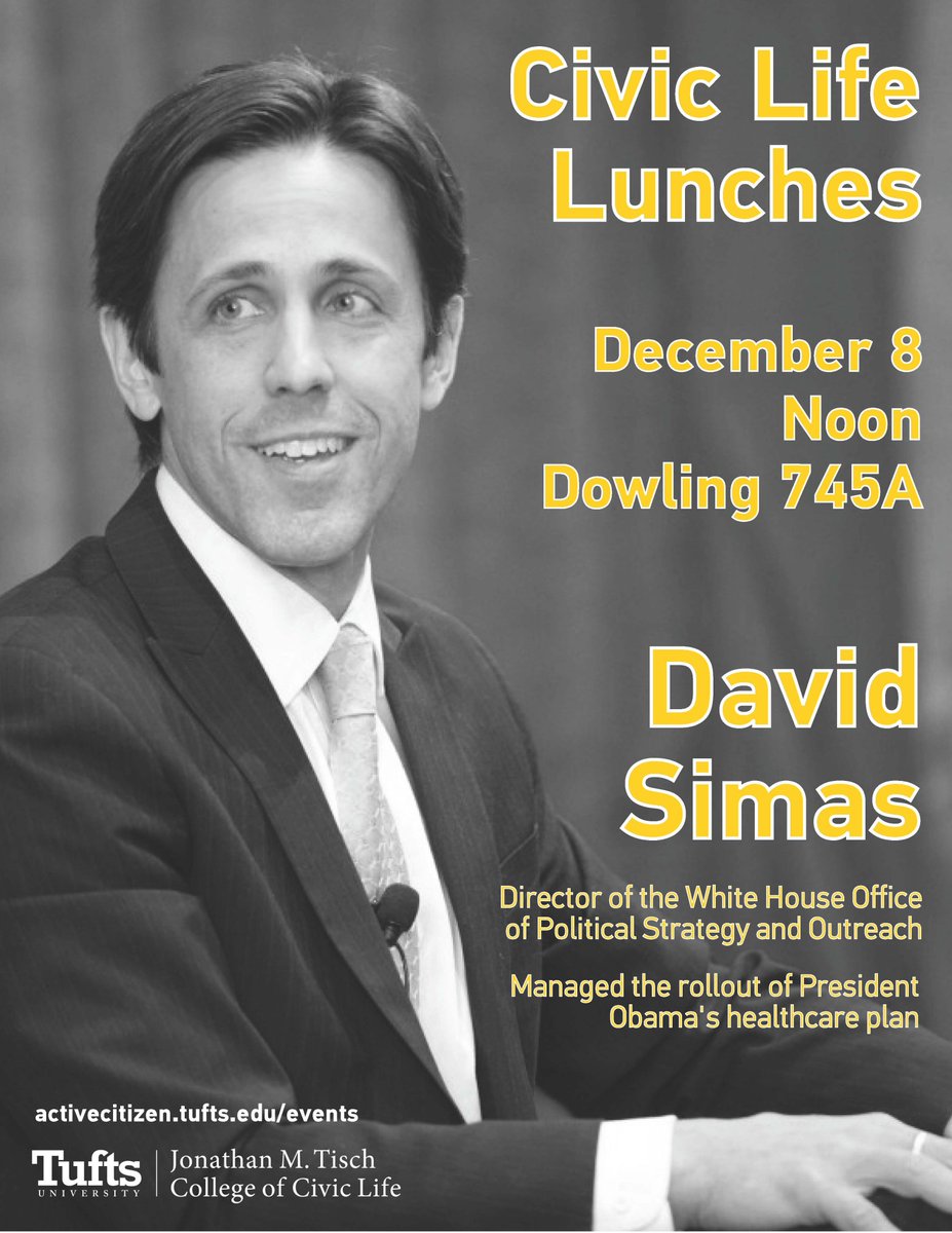SimonWDC's tweet photo. Tomorrow, please join me and @TischCollege for a lunch w/@Simas44, a top advisor to Pres Obama, and all around good guy. 12pm, 745A Dowling! https://t.co/X5AW9AoB3j